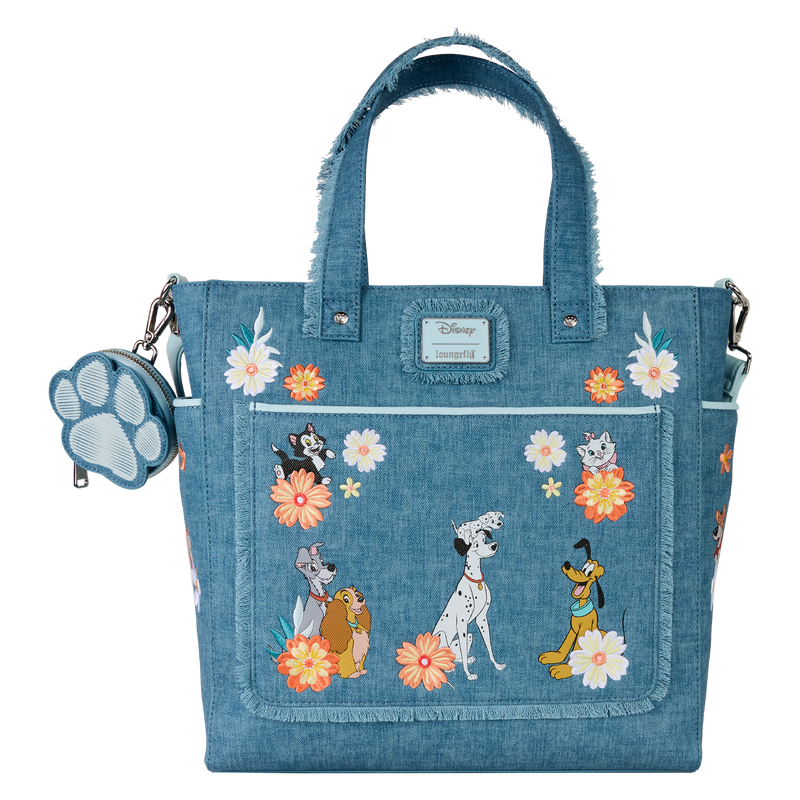Loungefly - Disney  - Disney Dogs & Cats Floral Faux Denim Convertible Backpack & Tote Bag with Coin Bag